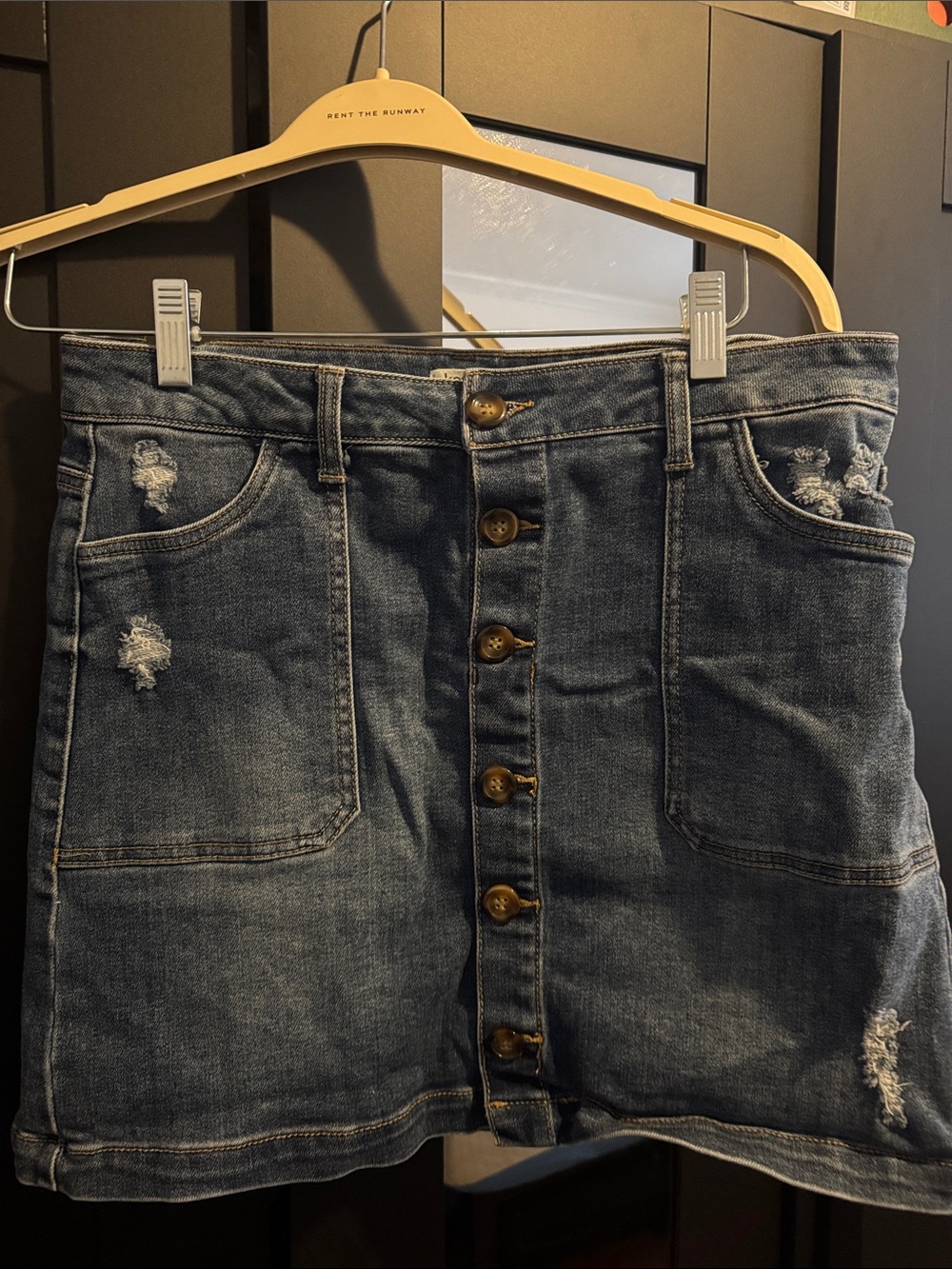 Kensie Distressed Button-Front Denim Skirt - Blue
